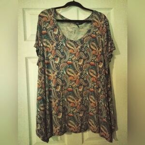 Paraphrase, Short Sleeve Swing Top, 3X, Blue & Coral Pasley Print